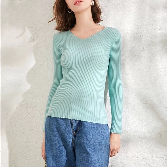 Thin sweater knit ribbed shirt v-neck khaki brown long sleeve basic top - Picture 6 of 6